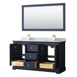 60 Inch Double Bathroom Vanity in Dark Blue, White Carrara Marble Countertop, Sinks, 58 Inch Mirror