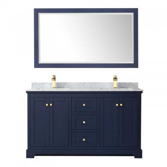 60 Inch Double Bathroom Vanity in Dark Blue, White Carrara Marble Countertop, Sinks, 58 Inch Mirror