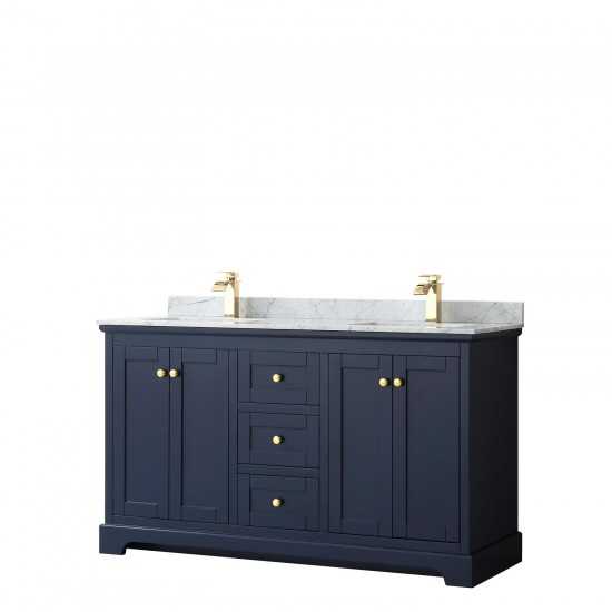 60 Inch Double Bathroom Vanity in Dark Blue, White Carrara Marble Countertop, Sinks, No Mirror