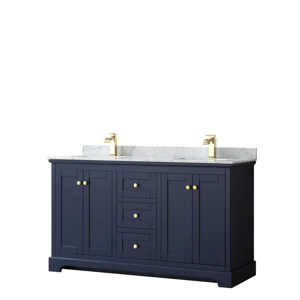 60 Inch Double Bathroom Vanity in Dark Blue, White Carrara Marble Countertop, Sinks, No Mirror