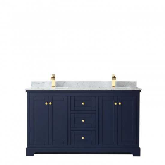 60 Inch Double Bathroom Vanity in Dark Blue, White Carrara Marble Countertop, Sinks, No Mirror