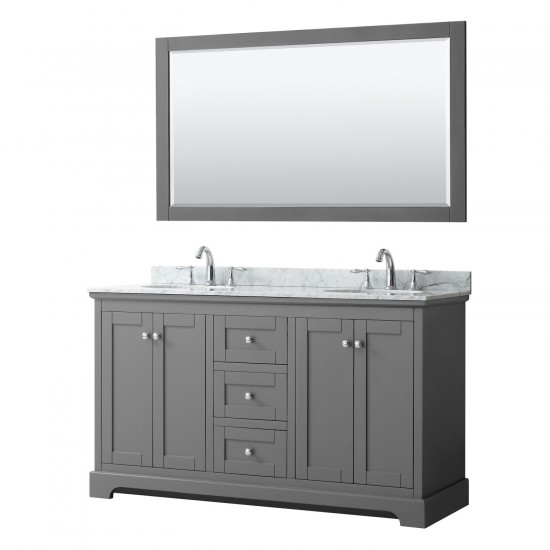 60 Inch Double Bathroom Vanity in Dark Gray, White Carrara Marble Countertop, Oval Sinks, 58 Inch Mirror