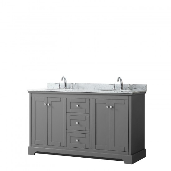 60 Inch Double Bathroom Vanity in Dark Gray, White Carrara Marble Countertop, Oval Sinks, No Mirror