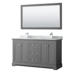 60 Inch Double Bathroom Vanity in Dark Gray, White Carrara Marble Countertop, Sinks, 58 Inch Mirror