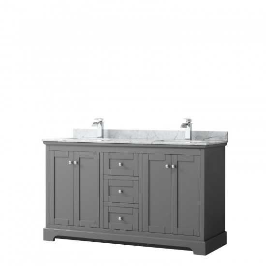 60 Inch Double Bathroom Vanity in Dark Gray, White Carrara Marble Countertop, Sinks, No Mirror