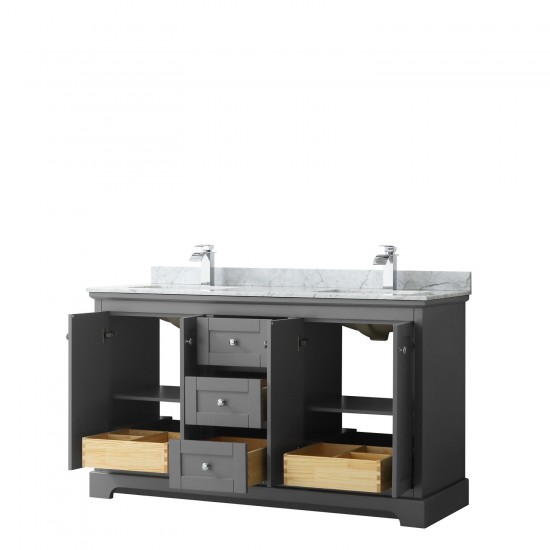 60 Inch Double Bathroom Vanity in Dark Gray, White Carrara Marble Countertop, Sinks, No Mirror