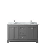60 Inch Double Bathroom Vanity in Dark Gray, White Carrara Marble Countertop, Sinks, No Mirror