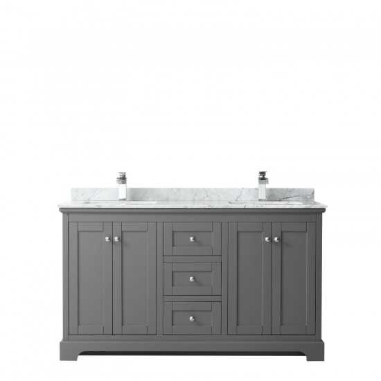 60 Inch Double Bathroom Vanity in Dark Gray, White Carrara Marble Countertop, Sinks, No Mirror