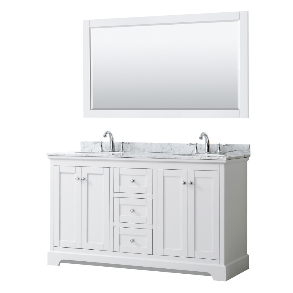 60 Inch Double Bathroom Vanity in White, White Carrara Marble Countertop, Oval Sinks, 58 Inch Mirror