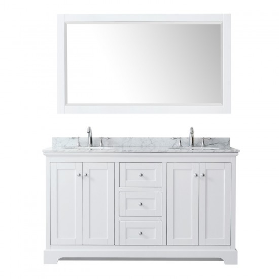 60 Inch Double Bathroom Vanity in White, White Carrara Marble Countertop, Oval Sinks, 58 Inch Mirror