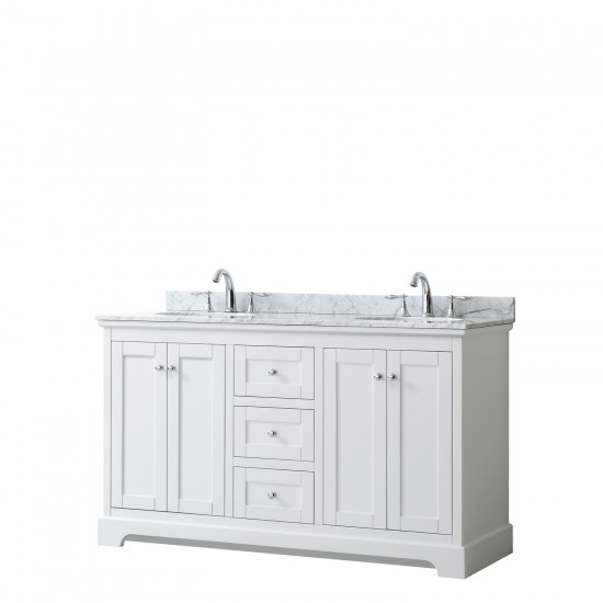 60 Inch Double Bathroom Vanity in White, White Carrara Marble Countertop, Oval Sinks, No Mirror