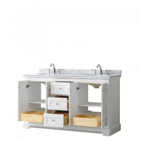 60 Inch Double Bathroom Vanity in White, White Carrara Marble Countertop, Oval Sinks, No Mirror