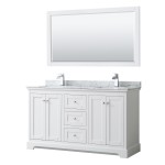 60 Inch Double Bathroom Vanity in White, White Carrara Marble Countertop, Sinks, 58 Inch Mirror