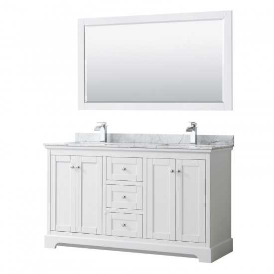 60 Inch Double Bathroom Vanity in White, White Carrara Marble Countertop, Sinks, 58 Inch Mirror