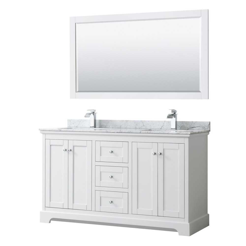 60 Inch Double Bathroom Vanity in White, White Carrara Marble Countertop, Sinks, 58 Inch Mirror 60 Inch Double Bathroom Vanity in White, White Carrara Marble Countertop, Sinks, 58 Inch Mirror