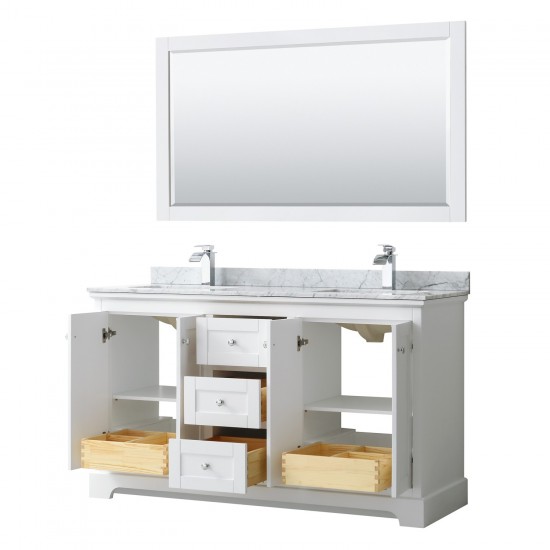 60 Inch Double Bathroom Vanity in White, White Carrara Marble Countertop, Sinks, 58 Inch Mirror