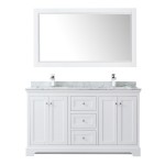 60 Inch Double Bathroom Vanity in White, White Carrara Marble Countertop, Sinks, 58 Inch Mirror