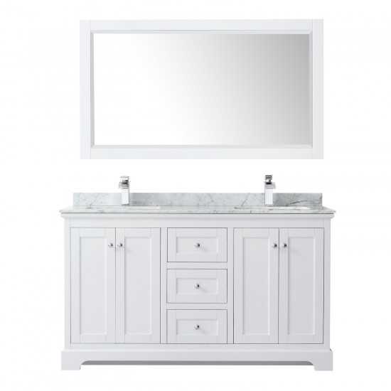 60 Inch Double Bathroom Vanity in White, White Carrara Marble Countertop, Sinks, 58 Inch Mirror