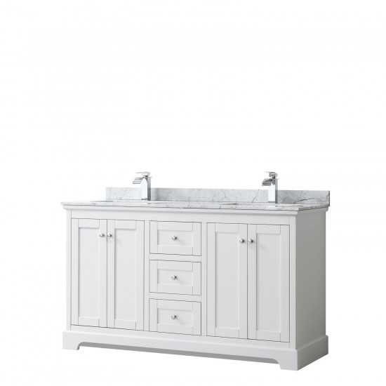 60 Inch Double Bathroom Vanity in White, White Carrara Marble Countertop, Sinks, No Mirror