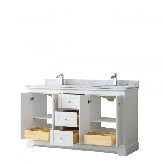 60 Inch Double Bathroom Vanity in White, White Carrara Marble Countertop, Sinks, No Mirror