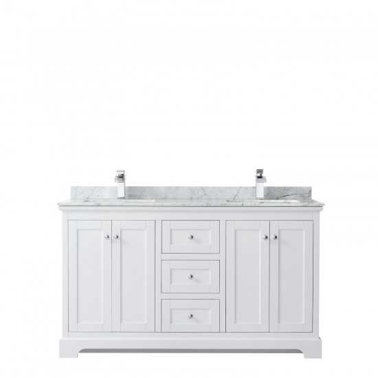 60 Inch Double Bathroom Vanity in White, White Carrara Marble Countertop, Sinks, No Mirror