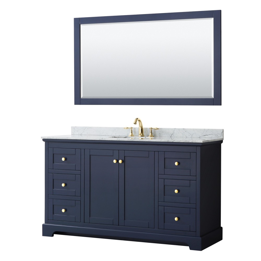 60 Inch Single Bathroom Vanity in Dark Blue, White Carrara Marble Countertop, Oval Sink, 58 Inch Mirror