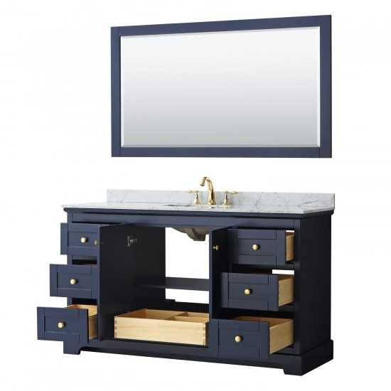 60 Inch Single Bathroom Vanity in Dark Blue, White Carrara Marble Countertop, Oval Sink, 58 Inch Mirror