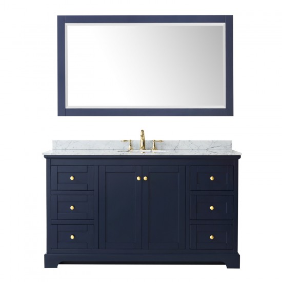 60 Inch Single Bathroom Vanity in Dark Blue, White Carrara Marble Countertop, Oval Sink, 58 Inch Mirror