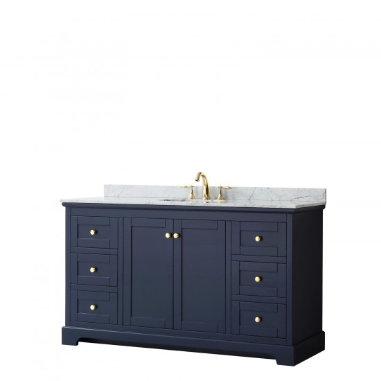 60 Inch Single Bathroom Vanity in Dark Blue, White Carrara Marble Countertop, Oval Sink, No Mirror