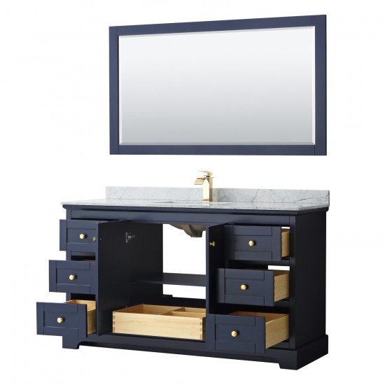 60 Inch Single Bathroom Vanity in Dark Blue, White Carrara Marble Countertop, Sink, 58 Inch Mirror