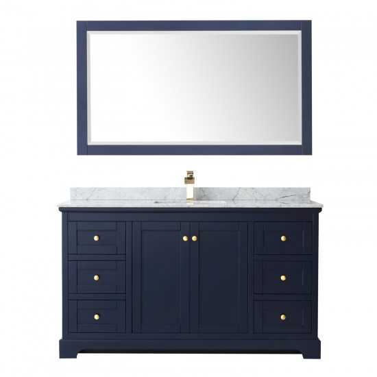 60 Inch Single Bathroom Vanity in Dark Blue, White Carrara Marble Countertop, Sink, 58 Inch Mirror