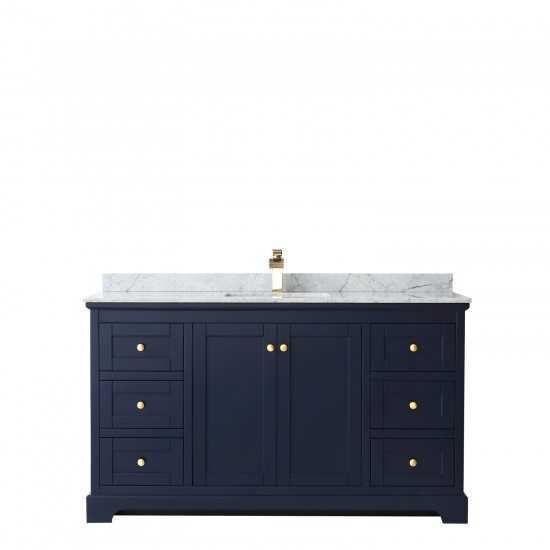60 Inch Single Bathroom Vanity in Dark Blue, White Carrara Marble Countertop, Sink, No Mirror