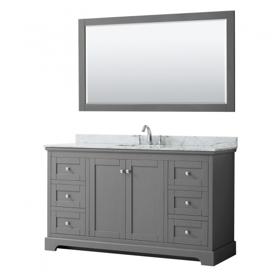 60 Inch Single Bathroom Vanity in Dark Gray, White Carrara Marble Countertop, Oval Sink, 58 Inch Mirror