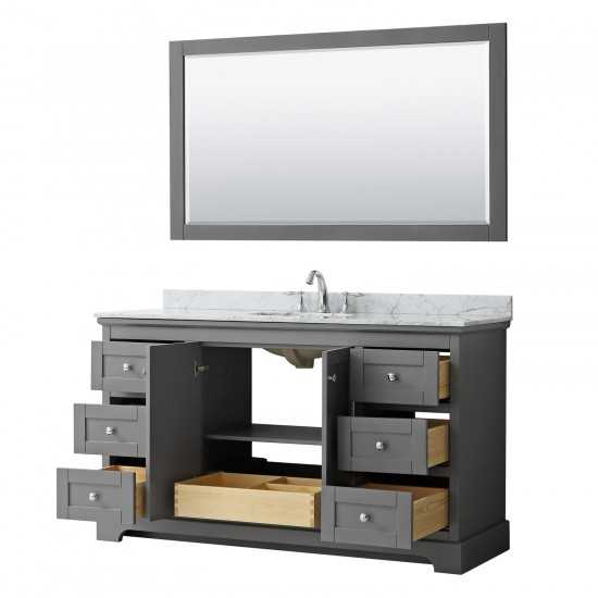 60 Inch Single Bathroom Vanity in Dark Gray, White Carrara Marble Countertop, Oval Sink, 58 Inch Mirror