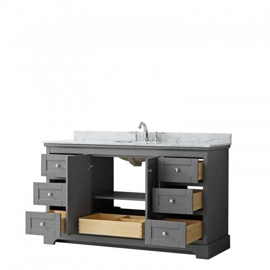 60 Inch Single Bathroom Vanity in Dark Gray, White Carrara Marble Countertop, Oval Sink, No Mirror