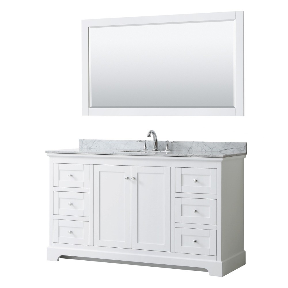 60 Inch Single Bathroom Vanity in White, White Carrara Marble Countertop, Oval Sink, 58 Inch Mirror 60 Inch Single Bathroom Vanity in White, White Carrara Marble Countertop, Oval Sink, 58 Inch Mirror