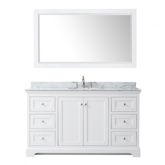 60 Inch Single Bathroom Vanity in White, White Carrara Marble Countertop, Oval Sink, 58 Inch Mirror
