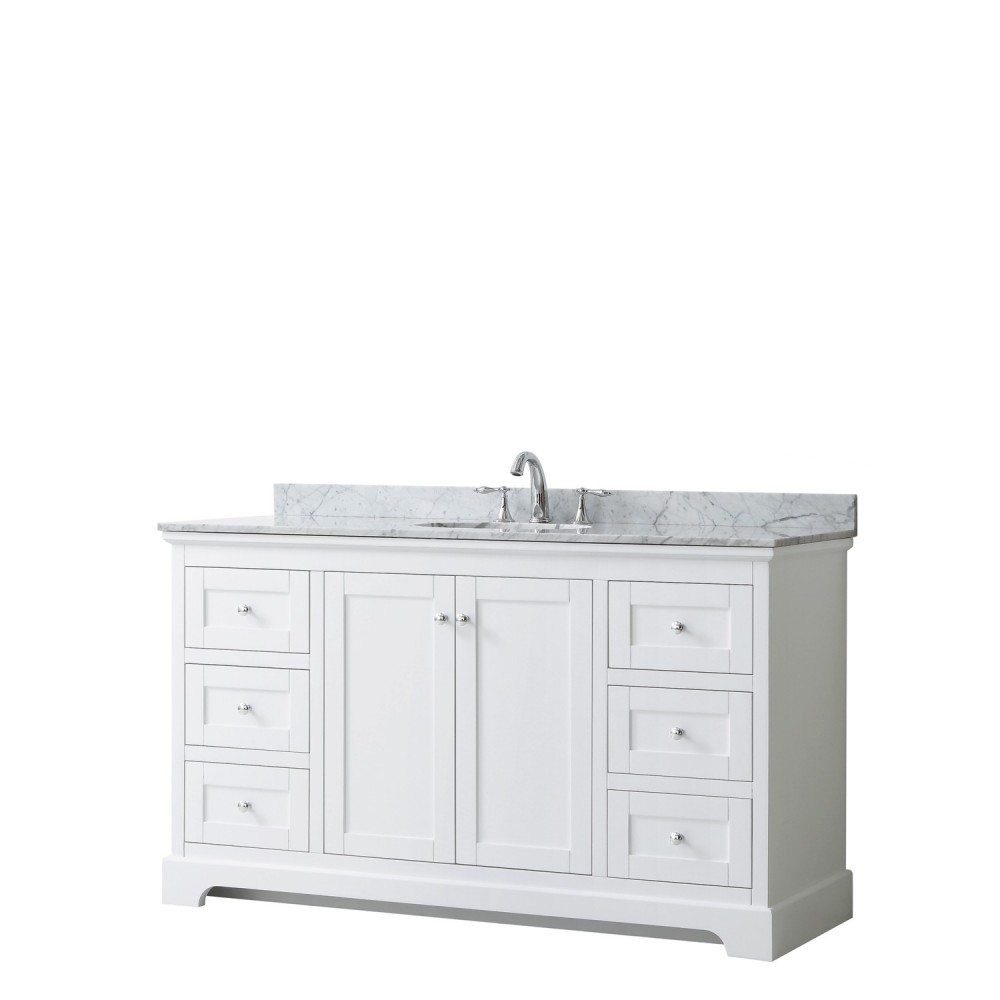 60 Inch Single Bathroom Vanity in White, White Carrara Marble Countertop, Oval Sink, No Mirror