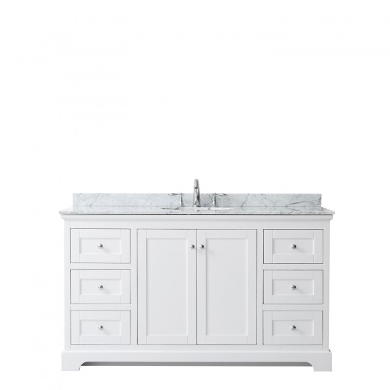 60 Inch Single Bathroom Vanity in White, White Carrara Marble Countertop, Oval Sink, No Mirror