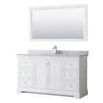 60 Inch Single Bathroom Vanity in White, White Carrara Marble Countertop, Sink, 58 Inch Mirror