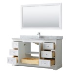 60 Inch Single Bathroom Vanity in White, White Carrara Marble Countertop, Sink, 58 Inch Mirror