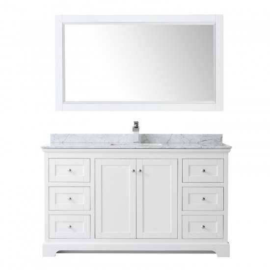 60 Inch Single Bathroom Vanity in White, White Carrara Marble Countertop, Sink, 58 Inch Mirror