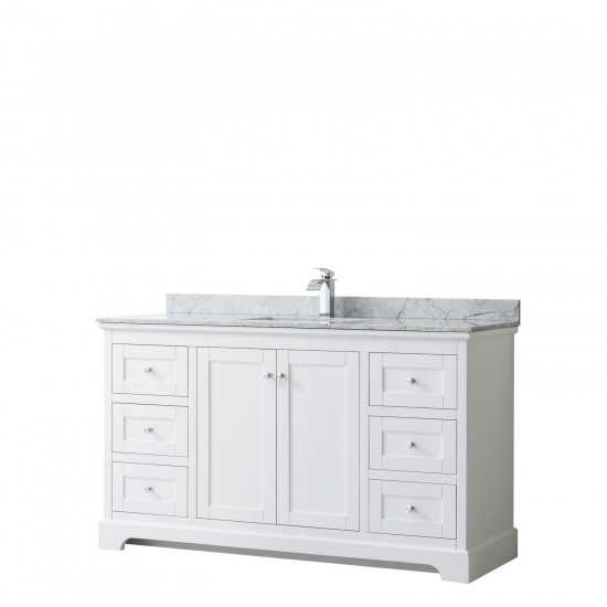 60 Inch Single Bathroom Vanity in White, White Carrara Marble Countertop, Sink, No Mirror