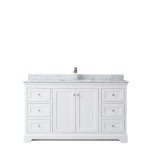 60 Inch Single Bathroom Vanity in White, White Carrara Marble Countertop, Sink, No Mirror