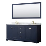 72 Inch Double Bathroom Vanity in Dark Blue, White Carrara Marble Countertop, Oval Sinks, 70 Inch Mirror