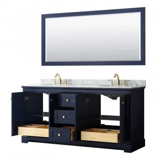 72 Inch Double Bathroom Vanity in Dark Blue, White Carrara Marble Countertop, Oval Sinks, 70 Inch Mirror