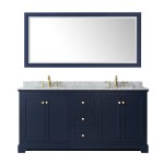 72 Inch Double Bathroom Vanity in Dark Blue, White Carrara Marble Countertop, Oval Sinks, 70 Inch Mirror