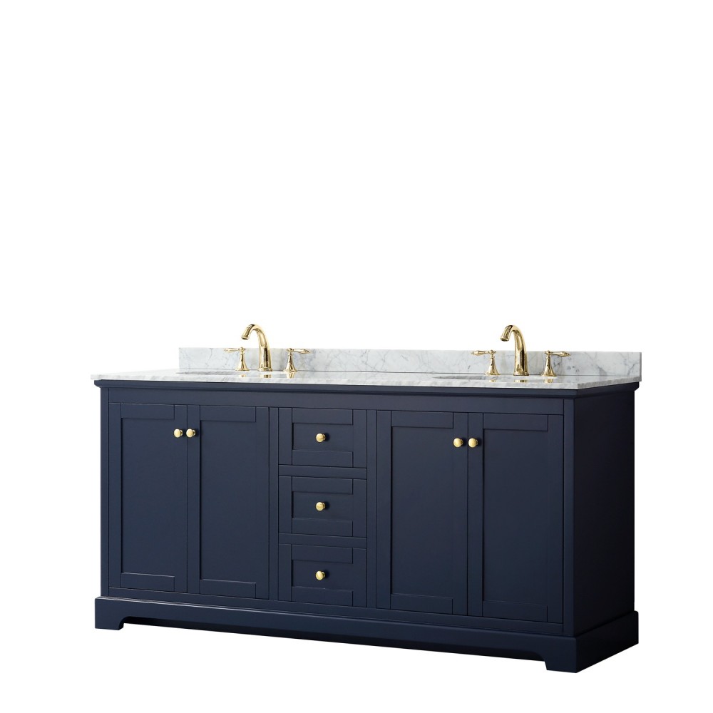 72 Inch Double Bathroom Vanity in Dark Blue, White Carrara Marble Countertop, Oval Sinks, No Mirror