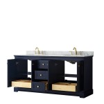 72 Inch Double Bathroom Vanity in Dark Blue, White Carrara Marble Countertop, Oval Sinks, No Mirror