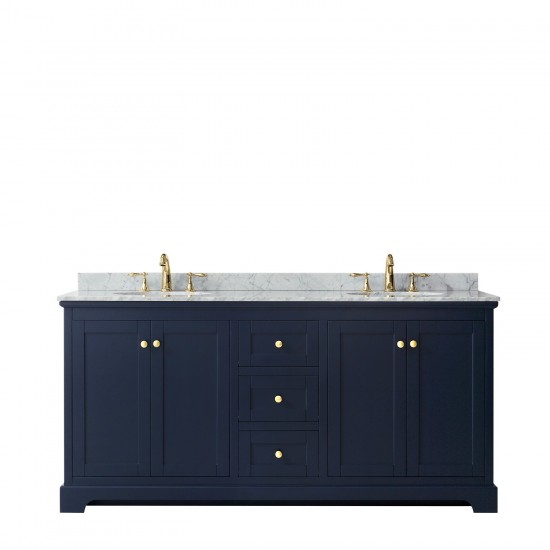 72 Inch Double Bathroom Vanity in Dark Blue, White Carrara Marble Countertop, Oval Sinks, No Mirror